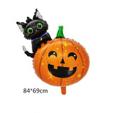 Set 5 Baloane din Folie Metalizata, Vivimall, Figurine, Tema Halloween, Pai Inclus, Ambalaj Individual, Umflare cu Aer sau Heliu, Figurina Dovleac si Pisica 84x69 cm, Stelute si Cerculete 45 cm, Multicolor - vivimall.ro