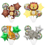 Set 5 Baloane din Folie Metalizata, Vivimall, Figurine, Tema Aniversare Jungla, Pai Inclus, Ambalaj Individual, Umflare cu Aer sau Heliu, Figurina Leu 69.5x101 cm, Stelute si Cerculete 45 cm, Multicolor - vivimall.ro