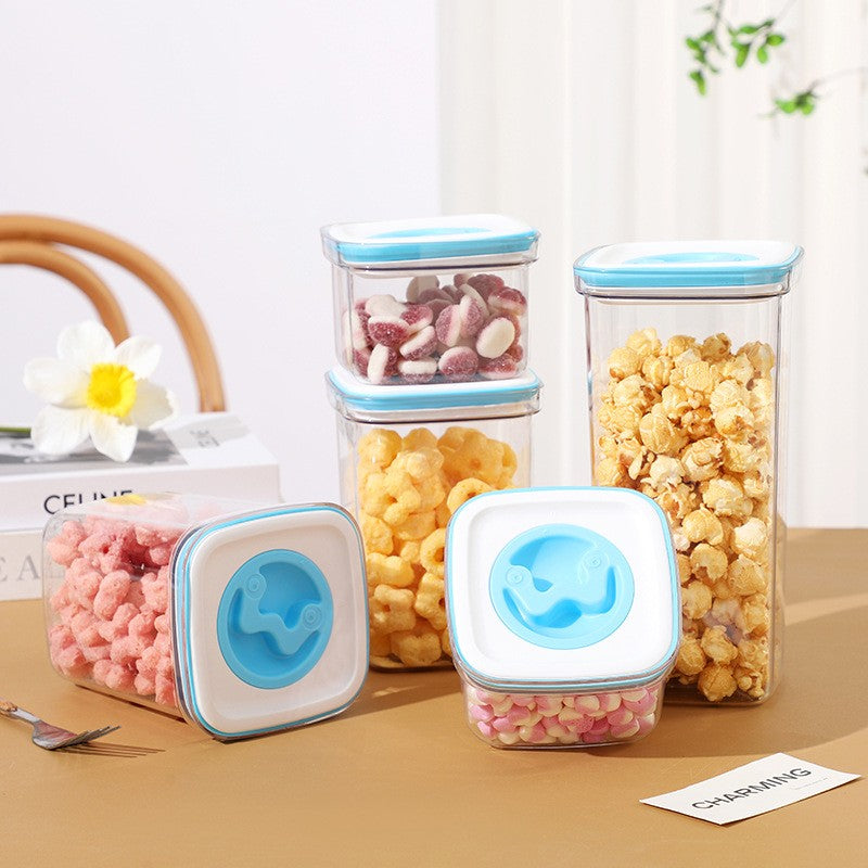 Set 5 Cutii de Depozitare pentru Bucatarie, Vivimall, 2 x 600ml, 2 x 1.3L, 1 x 2L, din ABS+PET+Silicon, Capac Alb/Albastru, 23 x 10 x 10 cm, Transparent - vivimall.ro