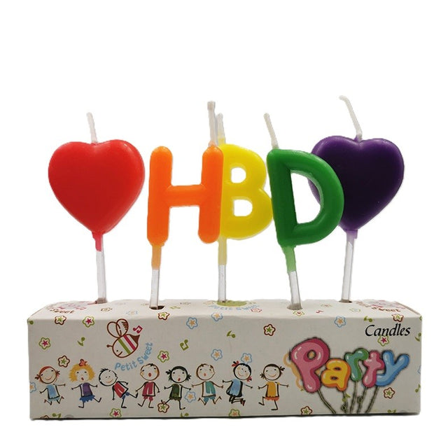 Set 5 Lumanari de Tort, Vivimall, Model Inimi, Litere HBD, 1.8 x 2.7 cm, din Ceara, Multicolor - vivimall.ro