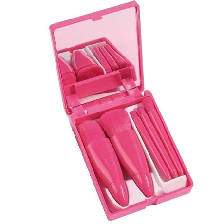 Set 5 Mini Pensule De Machiaj, Portabile, In Carcasa Cu Oglinda, Din Par Sintetic Moale, Fucsia, 12X7X2.5 Cm - vivimall.ro