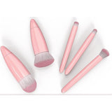 Set 5 Mini Pensule de Machiaj, Flippy, Portabile, in Carcasa cu Oglinda, din Par Sintetic Moale, Roz, 12x7x2.5 cm