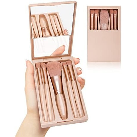 Set 5 Pensule de Machiaj cu Peri Moi, Vivimall, cu Suport pentru Depozitare si Oglinda, Roz Pal - vivimall.ro