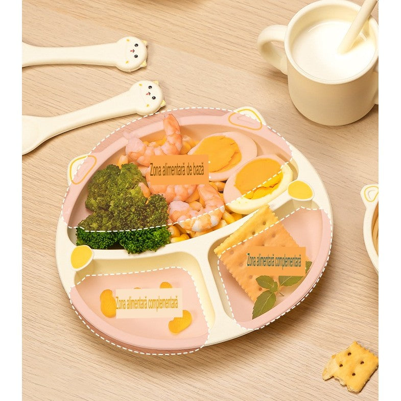 Set 5 Piese Hranire Bebelusi si Copii, Vivimall, din Silicon, fara BPA, de la 12 Luni, Model Pisicuta, 28 x 26 x 2 cm, Bej - vivimall.ro