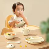 Set 5 Piese Hranire Bebelusi si Copii, Vivimall, din Silicon, fara BPA, de la 12 Luni, Model Pisicuta, 28 x 26 x 2 cm, Bej - vivimall.ro