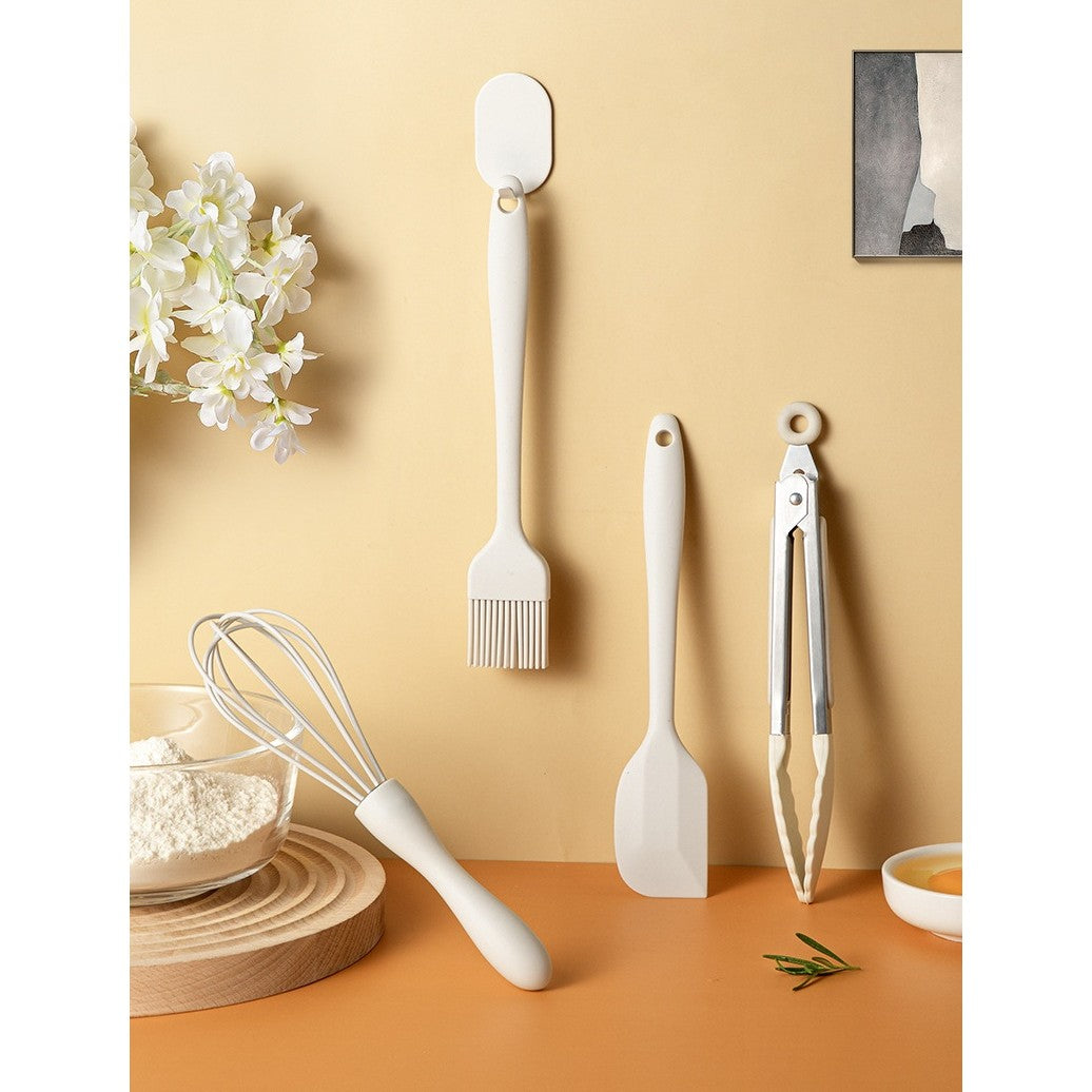 Set 5 Ustensile de Bucatarie, Vivimall, din Silicon+Inox, Termorezistente, Antiaderente, 28 x 26 x 2 cm, Alb Ivory - vivimall.ro