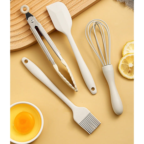 Set 5 Ustensile De Bucatarie, Din Silicon+Inox, Termorezistente, Antiaderente, 28 X 26 X 2 Cm, Alb Ivory - vivimall.ro