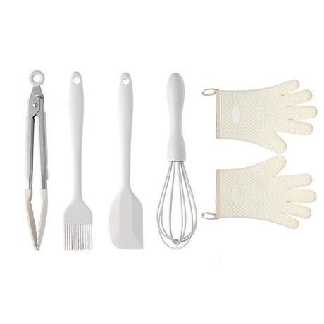 Set 5 Ustensile De Bucatarie, Din Silicon+Inox, Termorezistente, Antiaderente, 28 X 26 X 2 Cm, Alb Ivory - vivimall.ro
