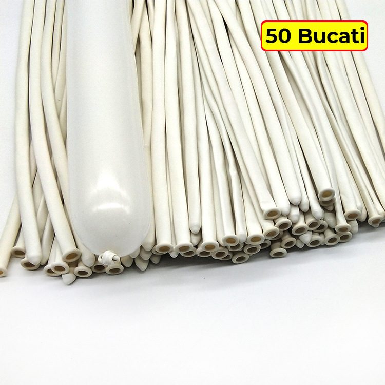 Baloane de Modelaj, Flippy, Set 50 bucati, Model Standard, din Latex, 30 x 1.5 cm, 1.8 g per unitate, pana la 150 cm, Alb - vivimall.ro