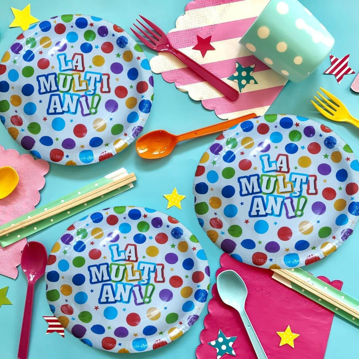 Set 6 Farfurii de Unica Folosinta, Vivimall, Colectia, LA MULTI ANI, 23 cm, din Carton Laminat, Multicolor - vivimall.ro