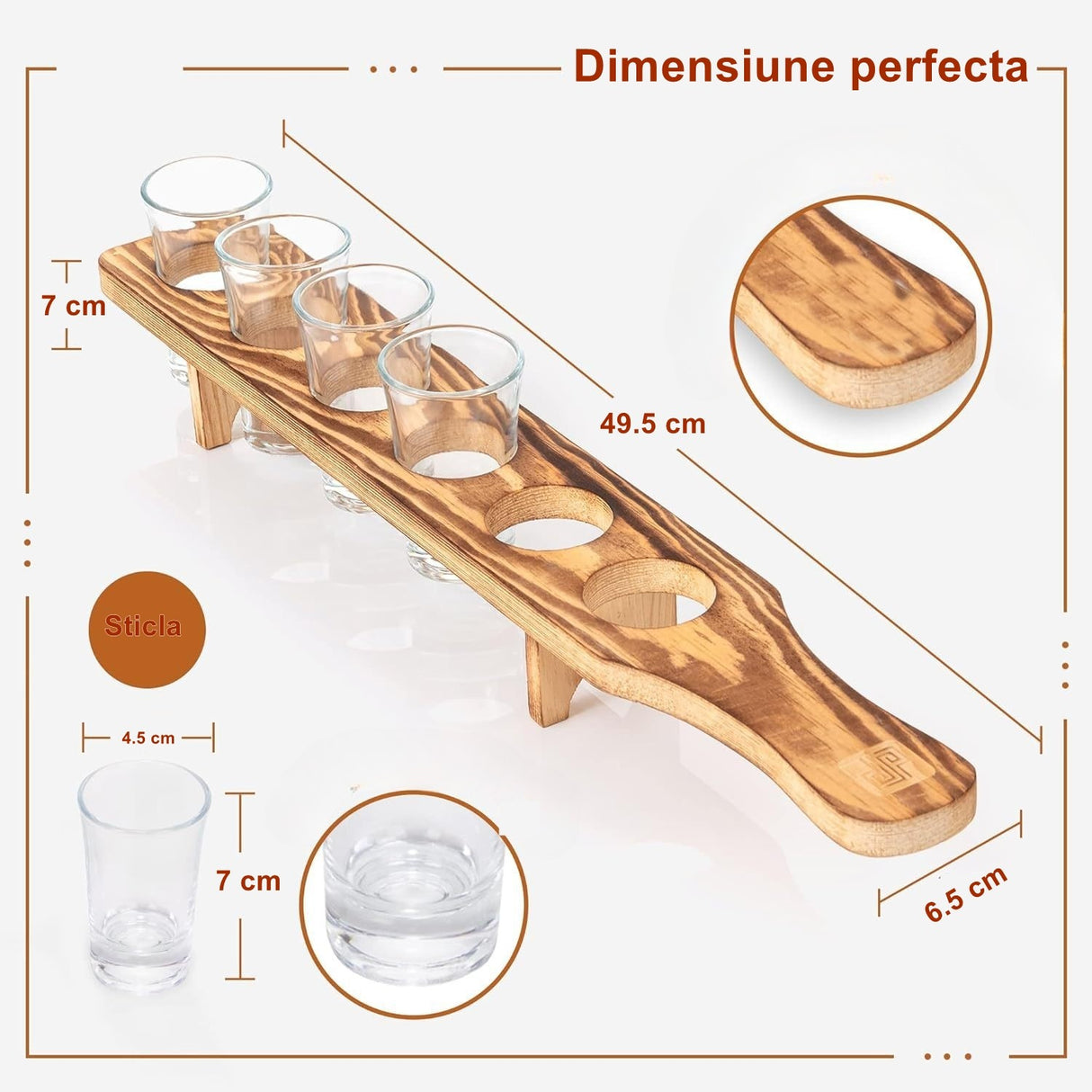 Set 6 Pahare Shot Din Sticla Cu Suport Din Lemn, Design Rustic, 49.5 X 7 X 6.5 Cm, Maro - vivimall.ro