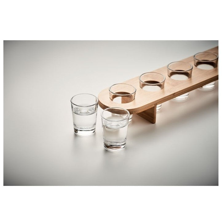 Set 6 Pahare Shot Din Sticla Cu Suport Din Lemn, Design Rustic, 49.5 X 7 X 6.5 Cm, Maro - vivimall.ro