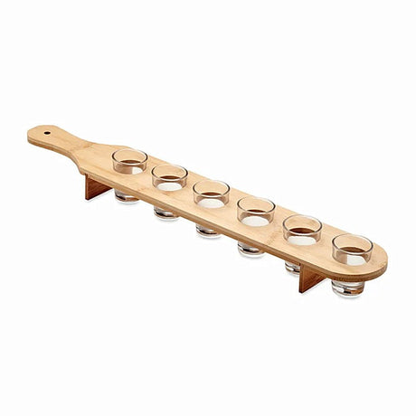 Set 6 Pahare Shot Din Sticla Cu Suport Din Lemn, Design Rustic, 49.5 X 7 X 6.5 Cm, Maro - vivimall.ro