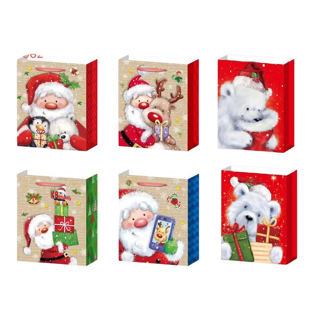 Set 6 Pungi Cadou, Vivimall, Imprimeu Tematica Mos Craciun si Ursuleti, Model Random, din Hartie, Impachetare Usoara a Cadourilor, 18.5x22.5x8.5 cm, Multicolor - vivimall.ro