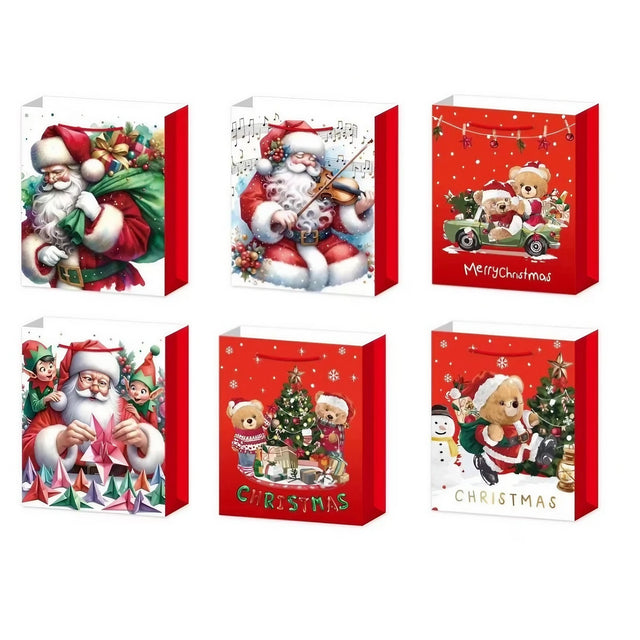 Set 6 Pungi Cadou, Vivimall, Imprimeu Tematica Mos Craciun, Ursuleti, Brazi, Model Random, din Hartie, Impachetare Usoara a Cadourilor, 18.5x22.5x8.5 cm, Multicolor - vivimall.ro