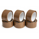 Rolă bandă adezivă Flippy maro 50 mm lățime, detaliu față cu etichetă și specificații tehnice