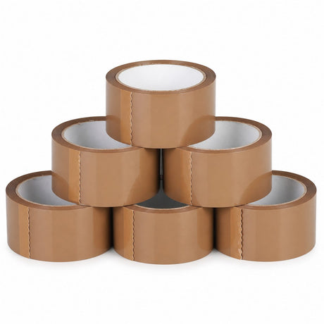 Set 6 role bandă adezivă Flippy Low Noise maro 5 cm x 66 m, vedere de ansamblu a întregului set