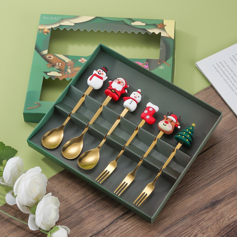 Set 6 Tacamuri, Flippy, Tema Craciun, 3 Linguri + 3 Furculite, cu Figurine, din Otel Inoxidabil, Cutie Cadou, 19 x 22 x 2.2 cm, Auriu - vivimall.ro