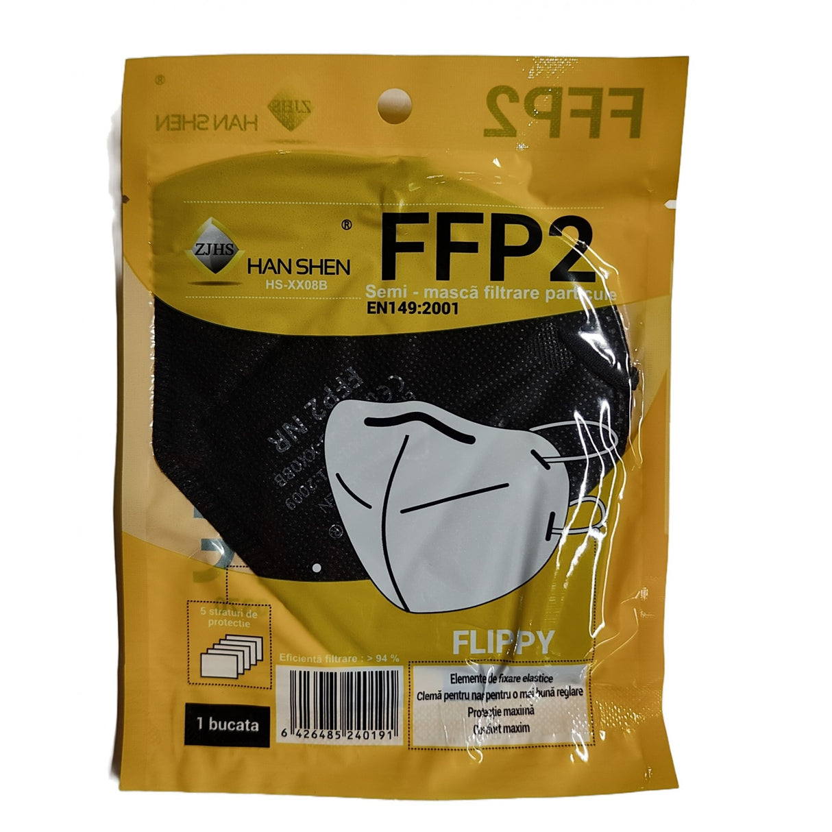 Set 60 bucati Masca de protectie faciala, Flippy, de unica folosinta pentru adulti, FFP2, KN95 CE 0370, 5 straturi, nesterila, ambalaj individual, Negru - vivimall.ro