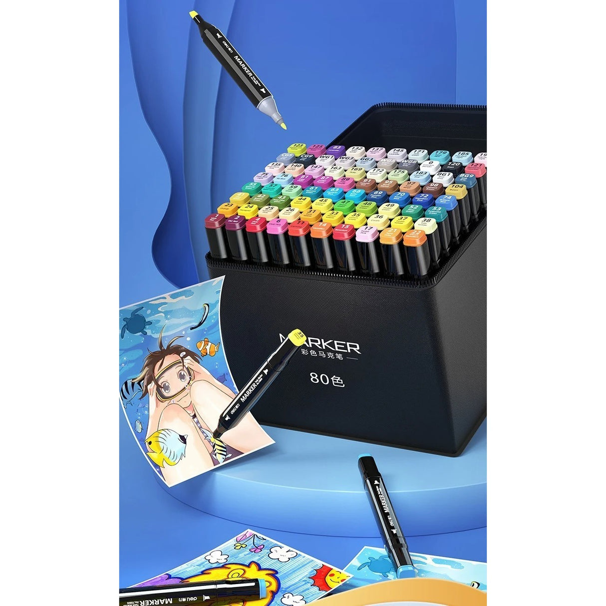 Set 60 Markere, Flippy, pe Baza de Ulei, Dublu Capat, Subtire 1mm si Gros 6 mm, Geanta Depozitare, 15 cm, Multicolor - vivimall.ro