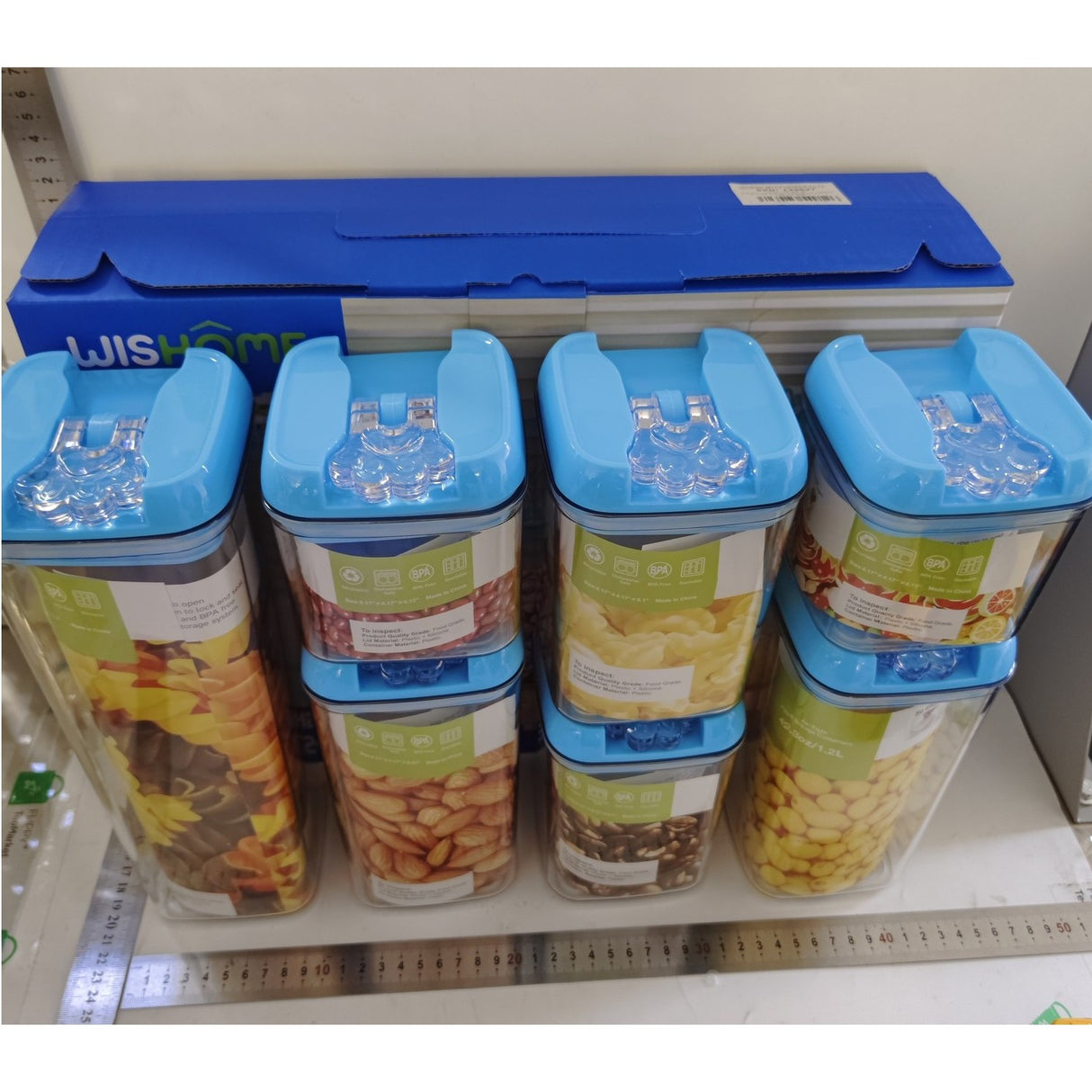 Set 7 Cutii De Depozitare Alimente, 2 X 500Ml, 2 X 800Ml, 2 X 1200Ml, 1 X 1900 Ml, Capac Albastru, Din Pp+Pet, Inchidere Ermetica, Transparent - vivimall.ro