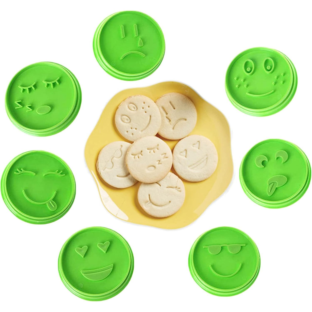 Set 7 Forme De Prajituri, Model Emoticoane Smiley Face, Diferite Expresii, 7.7 X 1.5 Cm, Din Pp, Verde - vivimall.ro