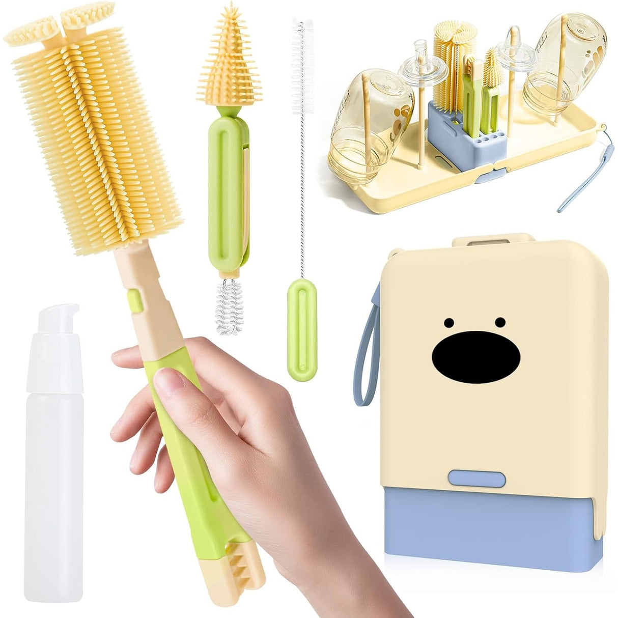 Set 7 Piese de Spalat/Uscat Biberoane, Vivimall, Portabil, Peri de Silicon, pentru Tetine, Suzete, Biberoane, Paie, Cutie Inclusa, 16.8 x 12 x 5 cm, Model Catel, Albastru - vivimall.ro