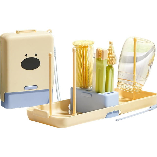 Set 7 Piese de Spalat/Uscat Biberoane, Vivimall, Portabil, Peri de Silicon, pentru Tetine, Suzete, Biberoane, Paie, Cutie Inclusa, 16.8 x 12 x 5 cm, Model Catel, Albastru - vivimall.ro