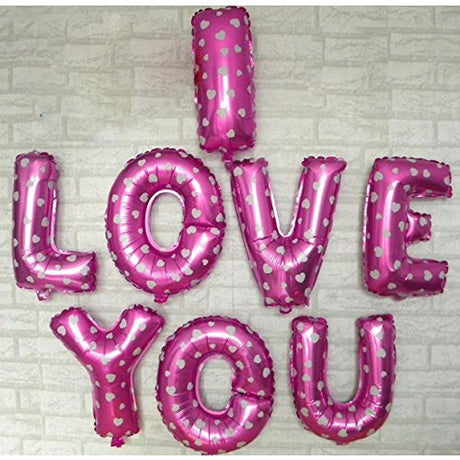 Set 8 Baloane din Folie Metalizata, Figurine Litere, Model I Love You, Tema Ziua Indragostitilor, 40 cm, Ambalaj Individual, Pai Inclus, Umflare cu Aer sau Heliu, Roz cu Inimioare Albe - vivimall.ro