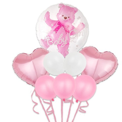 Set Baloane Aniversare, Vivimall, set din 8 bucati, 1 bucata urs, 2 inimi folie,5 simple din latex Baby Girl, 60 cm Roz - vivimall.ro