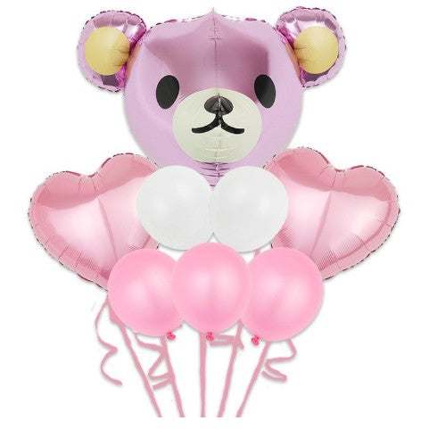 Set Baloane Aniversare, Set Din 8 Bucati, 1 Bucata Urs Mare, 2 Inimi Folie,5 Simple Din Latex Baby Girl, 60 Cm - vivimall.ro
