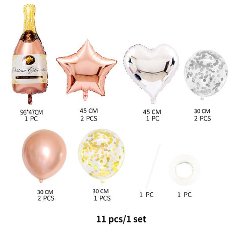 Set 9 Baloane din Folie Metalizată si din Latex, Vivimall, Model Sticla de Sampanie, Baloane Party, Bat si Adeziv Incluse, Umflare cu Aer sau Heliu, Roz Alb - vivimall.ro