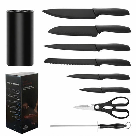 Cutite Bucatarie, Set 9 Piese, Flippy, Otel Inoxidabil cu Acoperire Antiaderenta, Suport Depozitare Inclus, 6 Cutite, Tija Ascutire si Foarfeca Bucatarie, 31 x 10 x 10 cm, Negru - vivimall.ro