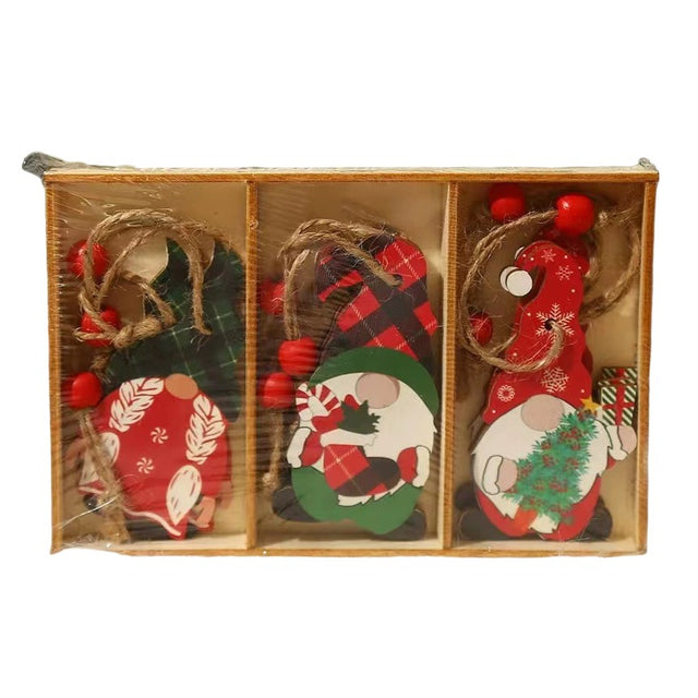 Set 9 Decoratiuni de Craciun din Lemn, Vivimall, cu Snur pentru Agatare in Brad, Model Mos Craciun Pitic Diferite Dimensiuni, 3 Modele, Multicolor - vivimall.ro