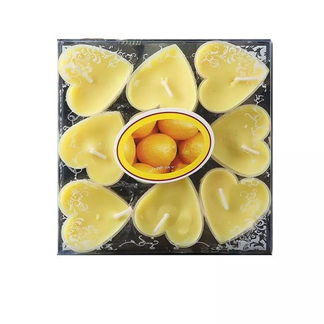 Set 9 Lumanari in Forma de Inima, Vivimall, pentru Ziua Indragostitilor, Aroma de Citrice, Ardere 3.5 h, din Parafina, 4 x 2 cm, Galben - vivimall.ro