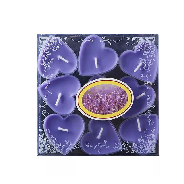 Set 9 Lumanari in Forma de Inima, Vivimall, pentru Ziua Indragostitilor, Aroma de Lavanda, Ardere 3.5 h, din Parafina, 4 x 2 cm, Mov - vivimall.ro