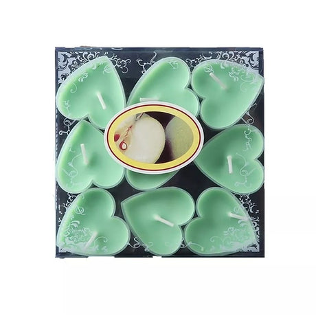 Set 9 Lumanari in Forma de Inima, Vivimall, pentru Ziua Indragostitilor, Aroma de Mar, Ardere 3.5 h, din Parafina, 4 x 2 cm, Verde - vivimall.ro