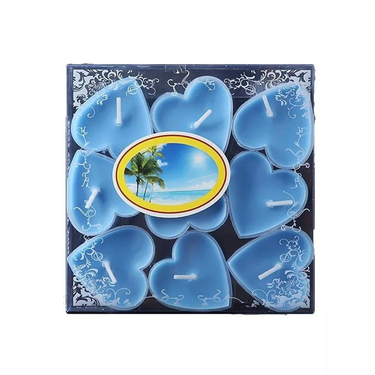 Set 9 Lumanari in Forma de Inima, Vivimall, pentru Ziua Indragostitilor, Aroma Tropicala, Ardere 3.5 h, din Parafina, 4 x 2 cm, Albastru - vivimall.ro