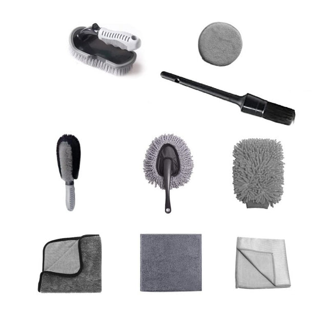 Set 9 Piese pentru Spalat Auto, Vivimall, din Plastic si Microfibra, Perii si Lavete, Model B, Gri - vivimall.ro