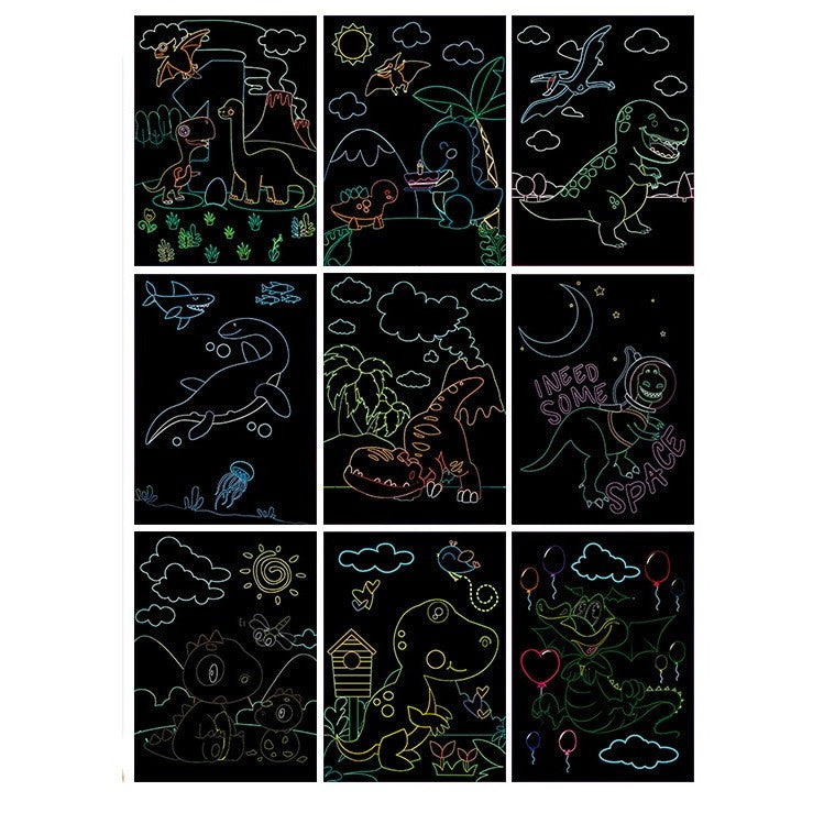 Set 9 Planse Razuibile, Vivimall, Scratch ArtCards, +3 Ani, de Razuit si de Colorat, 19 x 14 cm, Model Dinozauri, Multicolor - vivimall.ro