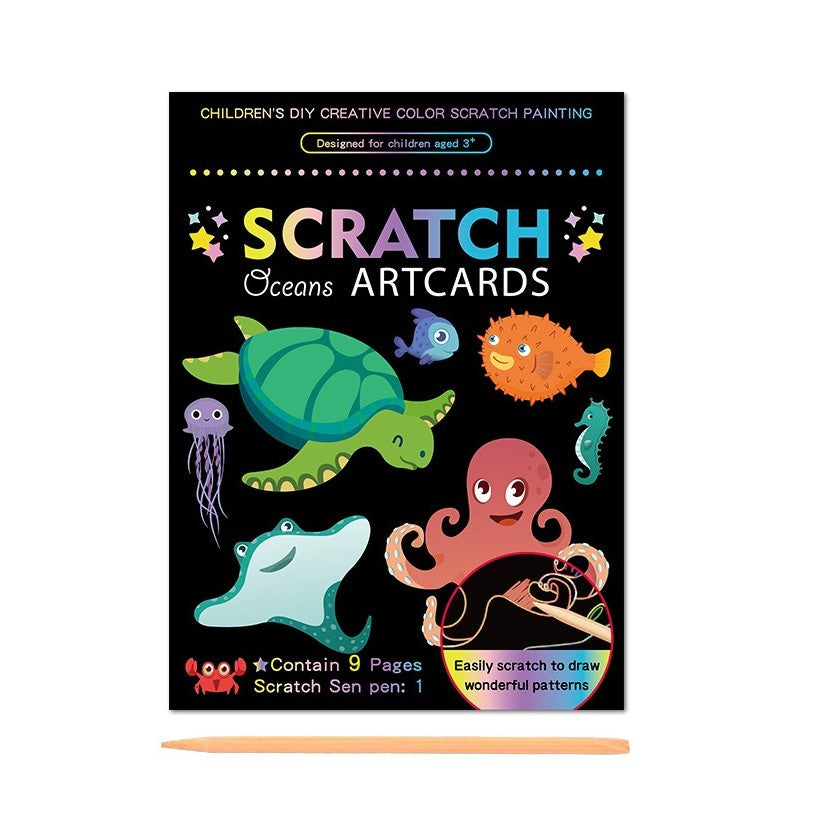 Set 9 Planse Razuibile, Vivimall, Scratch ArtCards, +3 Ani, de Razuit si de Colorat, 19 x 14 cm, Model Ocean, Multicolor - vivimall.ro