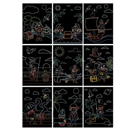 Set 9 Planse Razuibile, Vivimall, Scratch ArtCards, +3 Ani, de Razuit si de Colorat, 19 x 14 cm, Model Pirati, Multicolor - vivimall.ro