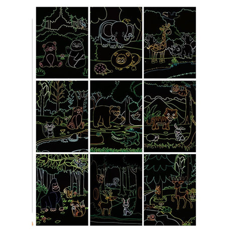 Set 9 Planse Razuibile, Vivimall, Scratch ArtCards, +3 Ani, de Razuit si de Colorat, 19 x 14 cm, Model ZOO, Multicolor - vivimall.ro