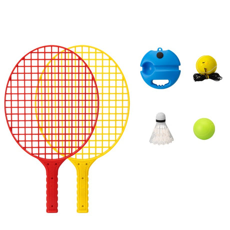 Set Badminton pentru Copii, Vivimall, Doua Palete, Fluturas, 2 Mingi, Minge cu Elastic pentru Antrenament, Suport de Prindere Stabil, 40.5x23 cm, Rosu Galben - vivimall.ro