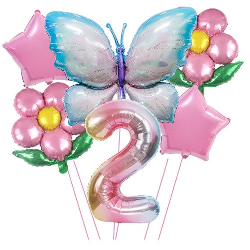 Set baloane aniversare cu numere, din folie de aluminiu, 6 piese, 2 flori, 2 stelute, 1 fluture, 1 cifra, Multicolor, Cifra 2 - vivimall.ro