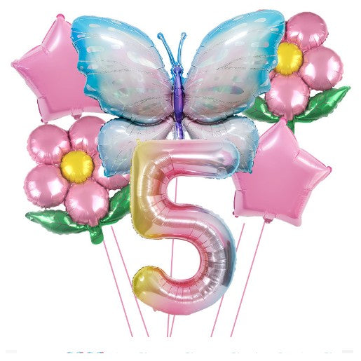 Set baloane aniversare cu numere, din folie de aluminiu, 6 piese, 2 flori, 2 stelute, 1 fluture, 1 cifra, Multicolor, Cifra 5 - vivimall.ro