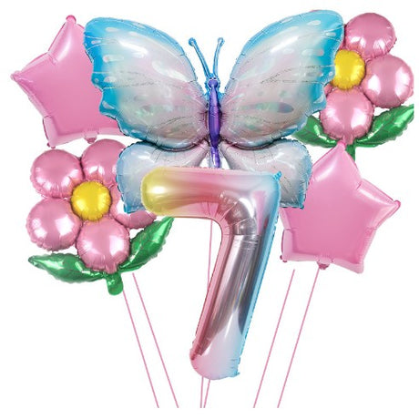Set baloane aniversare cu numere, din folie de aluminiu, 6 piese, 2 flori, 2 stelute, 1 fluture, 1 cifra, Multicolor, Cifra 7 - vivimall.ro