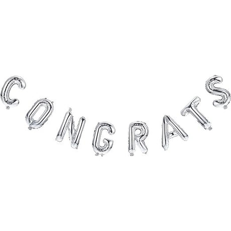 Set Baloane din Folie Metalizată, Vivimall, Model Congrats, Litere de 40 cm, Baloane Absolvire, Ambalaj Individual, Pai inclus, Umflare cu Aer sau Heliu, Argintiu - vivimall.ro