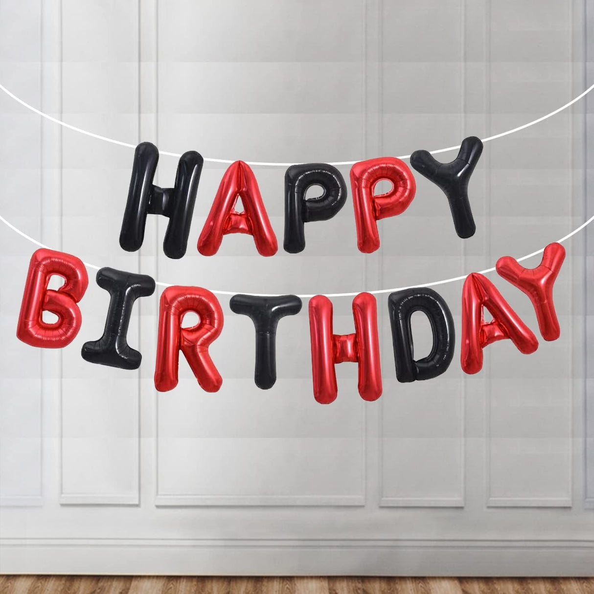 Set Baloane din Folie Metalizata, Vivimall, Model Happy Birthday, Litere de 40 cm, Baloane Party, Ambalaj Individual, Pai, Ata si Adeziv Incluse, Umflare cu Aer sau Heliu, Rosu-Negru - vivimall.ro