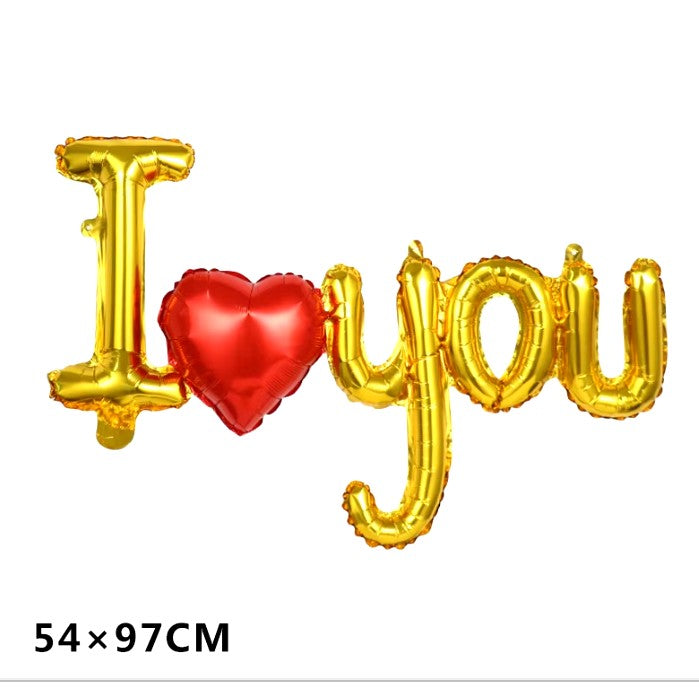 Set Baloane Folie Metalizata, Vivimall, Model I LOVE YOU cu Inimioara, 54x97 cm, Tematica Ziua Îndrăgostiților, Ambalaj Individual, Pai Inclus, Umflare cu Aer sau Heliu, Auriu - vivimall.ro